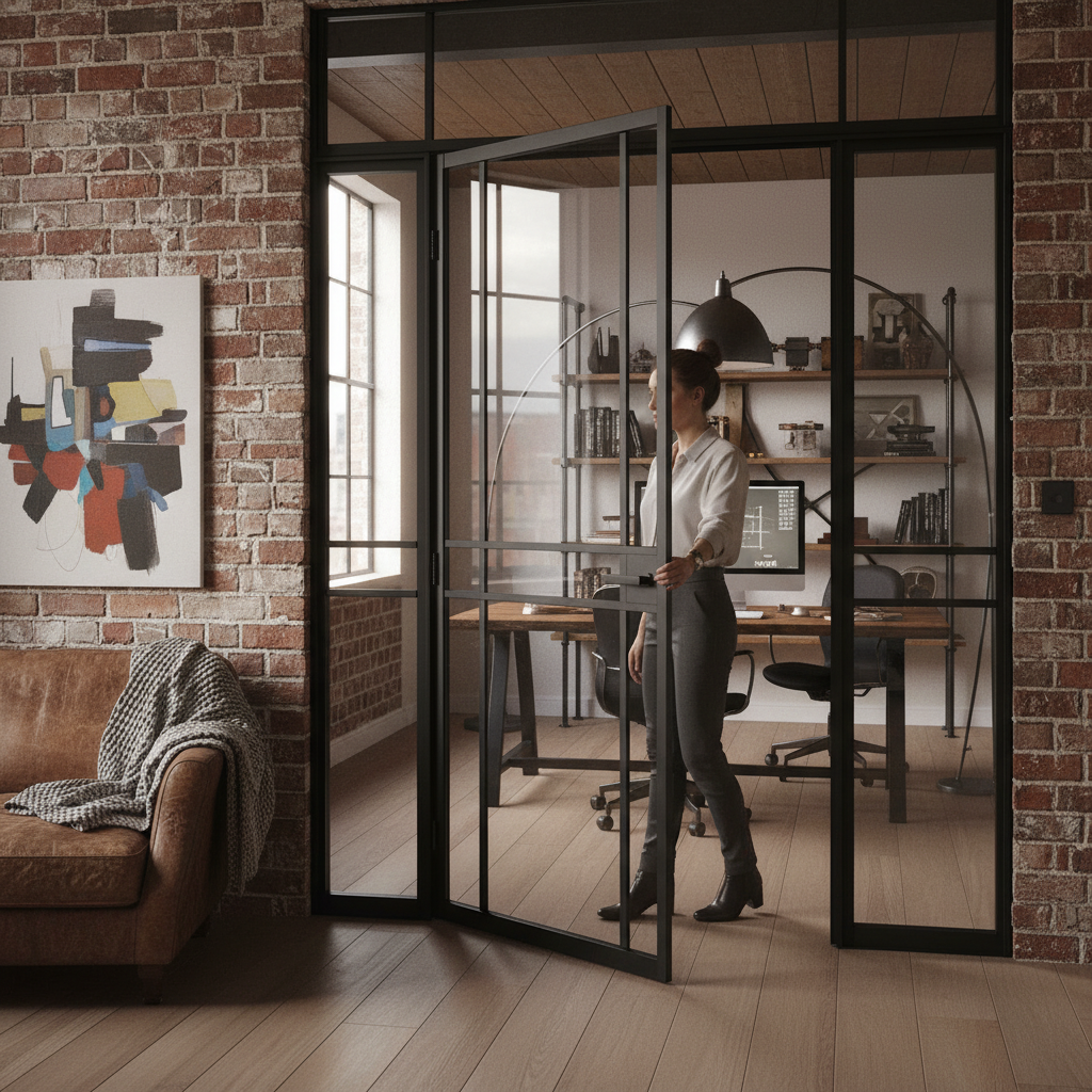 Premium Industrial Style Offset French Doors with Demi Panel - Modern Design and Large Glass Panes for Enhanced Light