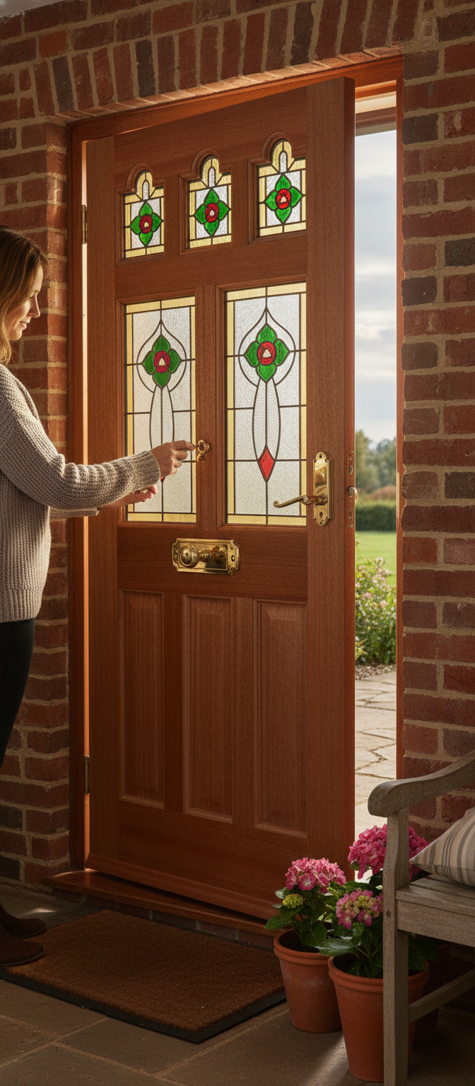 Premium Triple Glazed Hardwood External Door with Lead Glass Detail and Solid Engineered Construction for Traditional Style Entrances