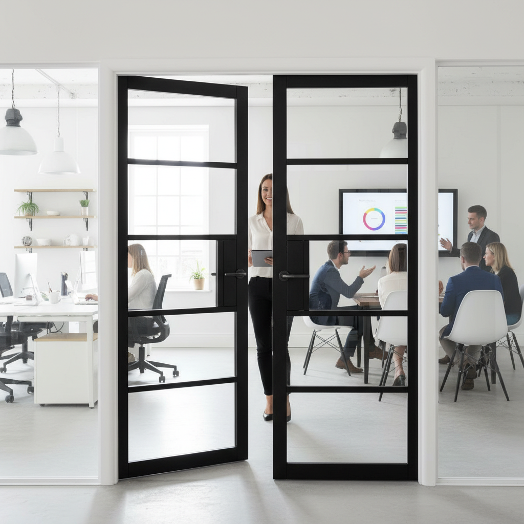 Premium Industrial Style Glazed Door Pair with Clear Safety Glass and Solid Framing - Fully Finished Design