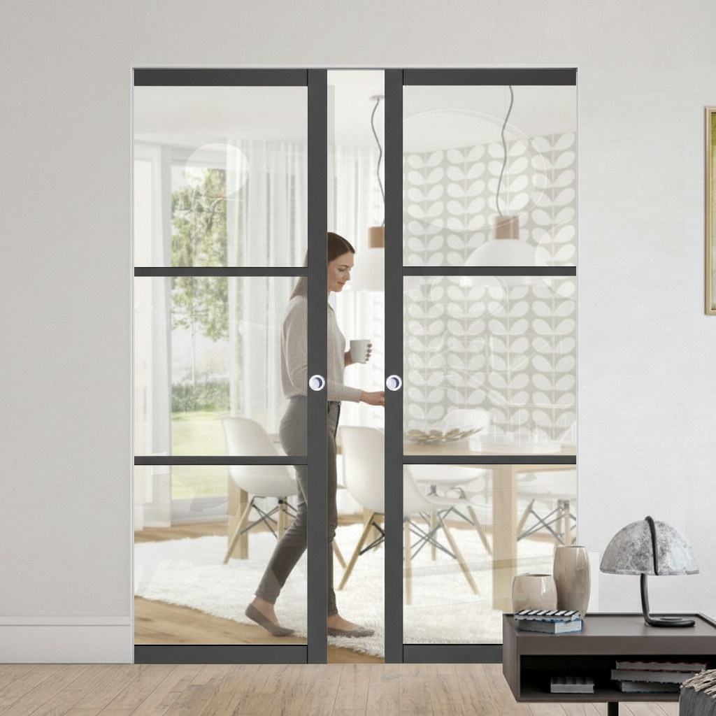 Premium 3L Clear Glazed Double Flush Pocket Door Set with No Bottom Track and Adjustable Door Stops for Modern Spaces