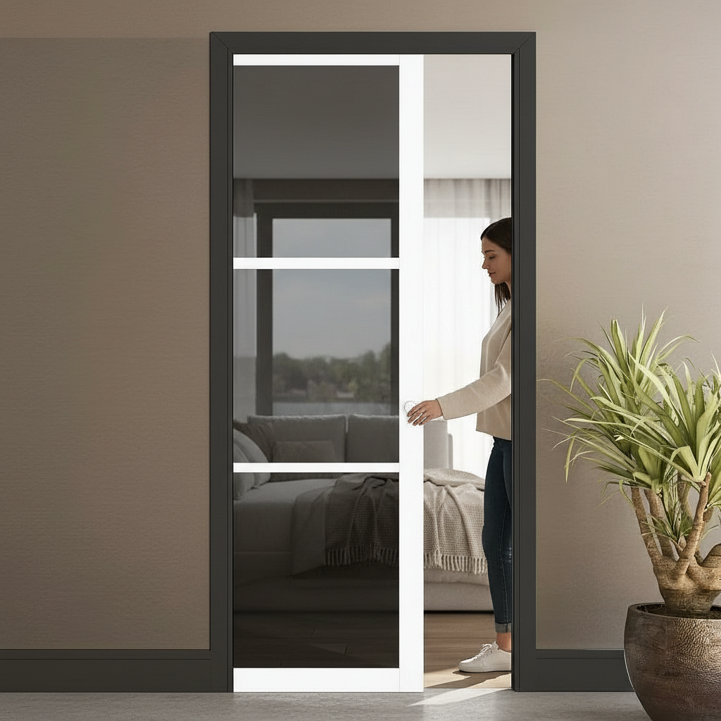 Premium White Tinted Glazed Pocket Door Set with Adjustable Frame and Heavy Duty Steel Construction