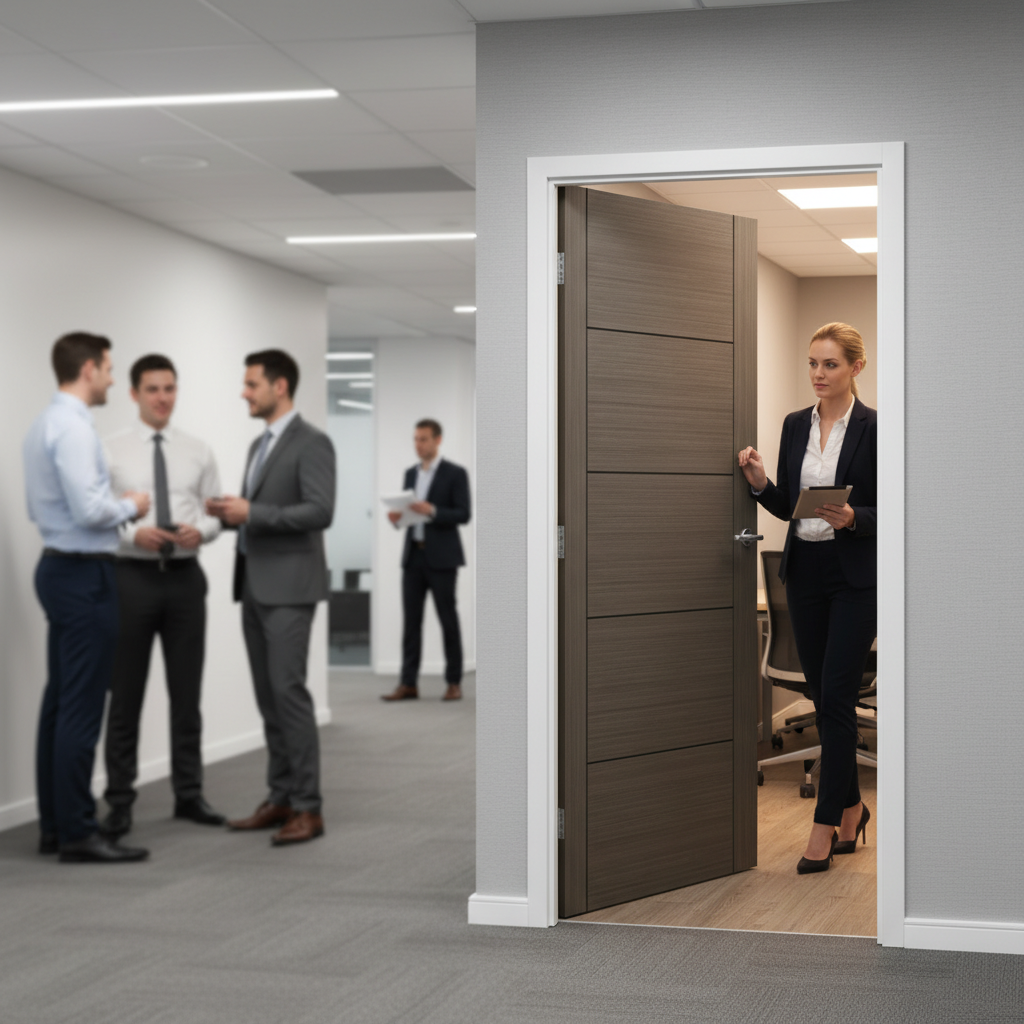 Premium Fully Finished 5-Panel Chocolate Grey Fire Door with V Grooves and Clear Lacquer Finish