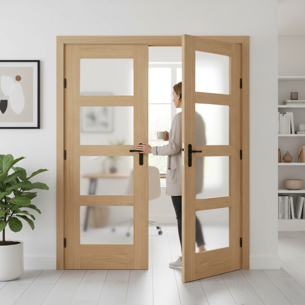 Premium Oak Shaker 4L Obscure Glazed Internal Door Pair with Paint N Peel System for Easy Finishing