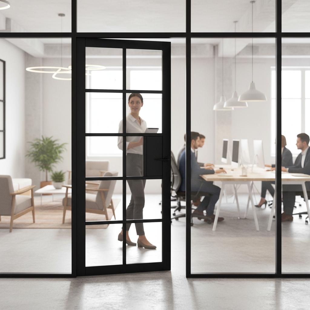 Premium Contemporary Black Clear Glazed Internal Door with Safety Glass and Solid Framing for Industrial Style Interiors