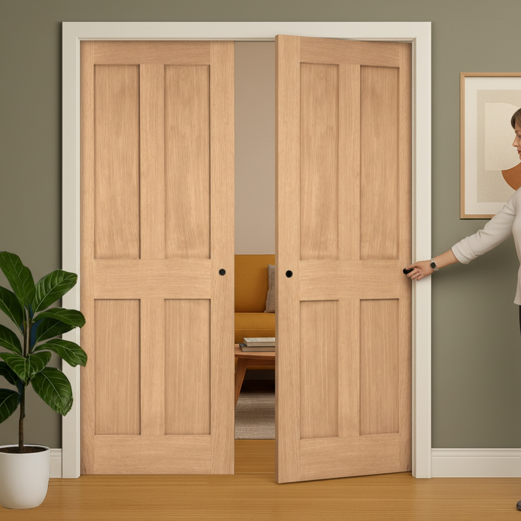 Premium Oak Double Pocket Door Set - 35mm Thick, Galvanized Steel Frame, Smooth Sliding System for Modern and Traditional Interiors