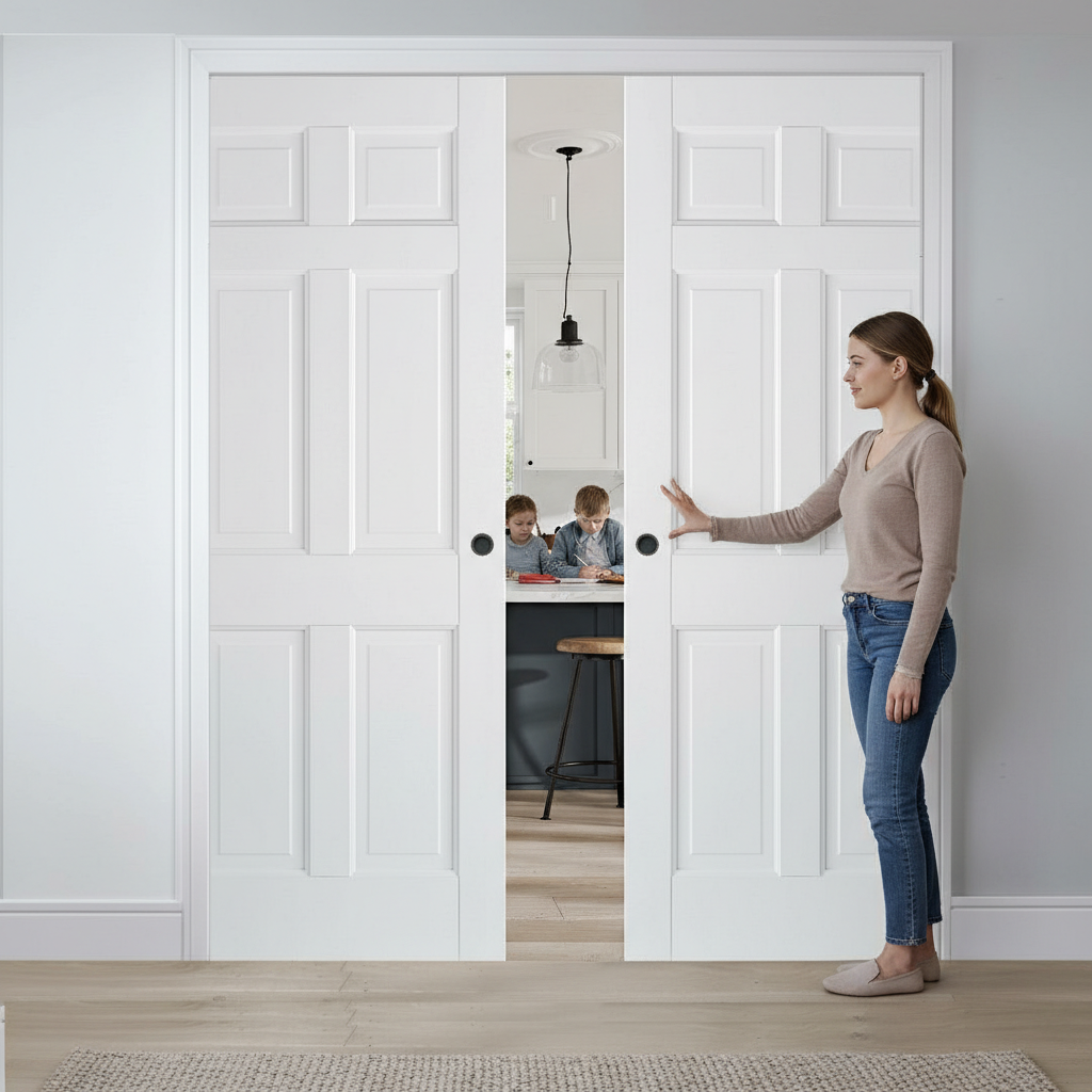 Premium Solid Core White 6 Panel Double Pocket Door Set with Galvanised Steel Frame and Adjustable Jamb Options