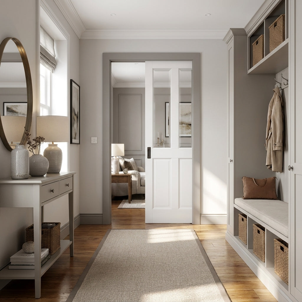 Internal Pocket Door Set with White Primed Finish, 2 Panel, 2 Light Bevelled Glass