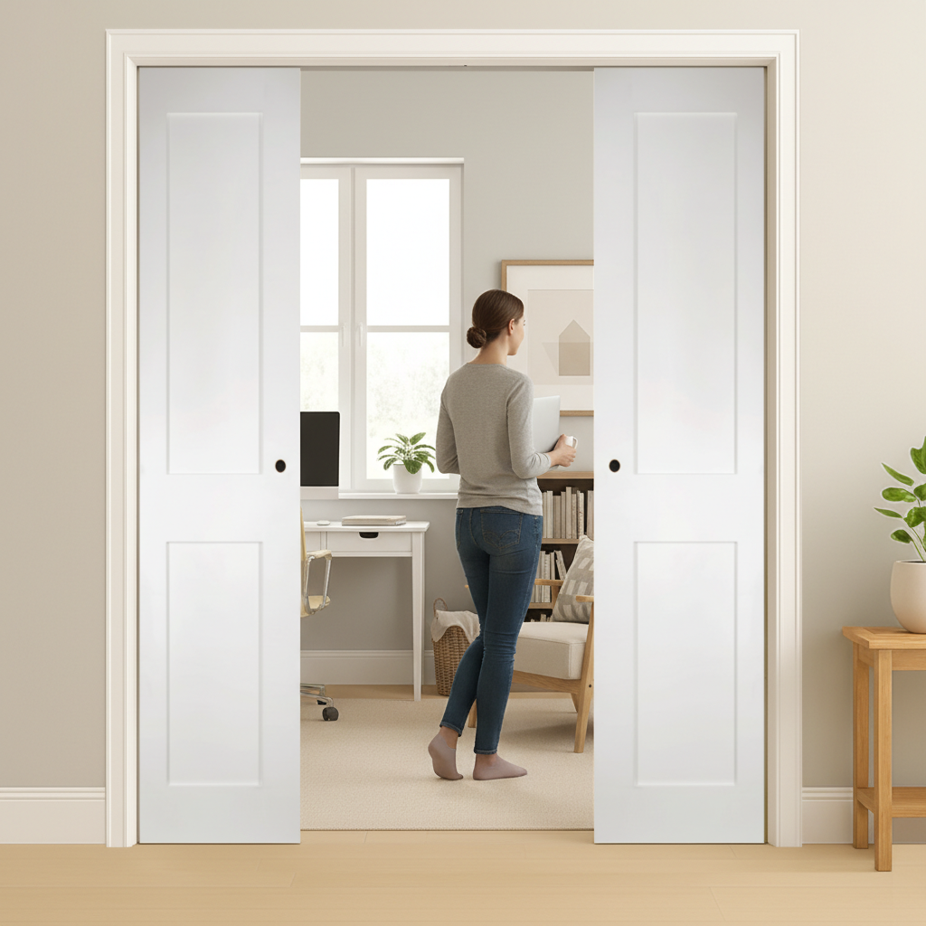 Premium White Double Pocket Door Set with Galvanised Steel Frame and Four-Panel Shaker-Style Design for Seamless Transitions