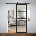 Premium Reeded Glazed Sliding Door with Black Track - Space-Saving Rustic Design for Interior Spaces