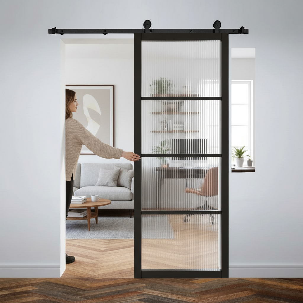 Premium Reeded Glazed Sliding Door with Black Track - Space-Saving Rustic Design for Interior Spaces