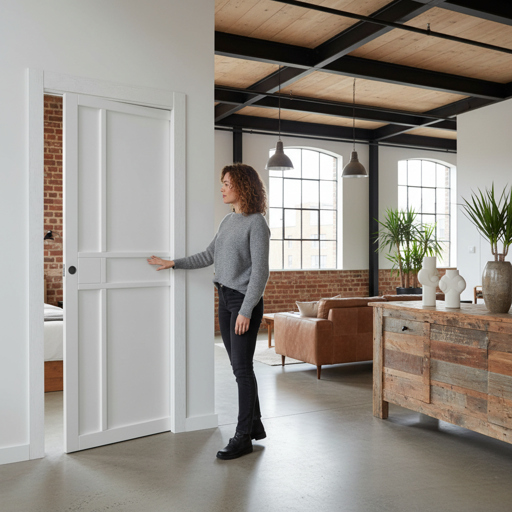 Premium White Industrial Style Pocket Doorset with Galvanised Steel Frame and Adjustable Features for Modern Spaces