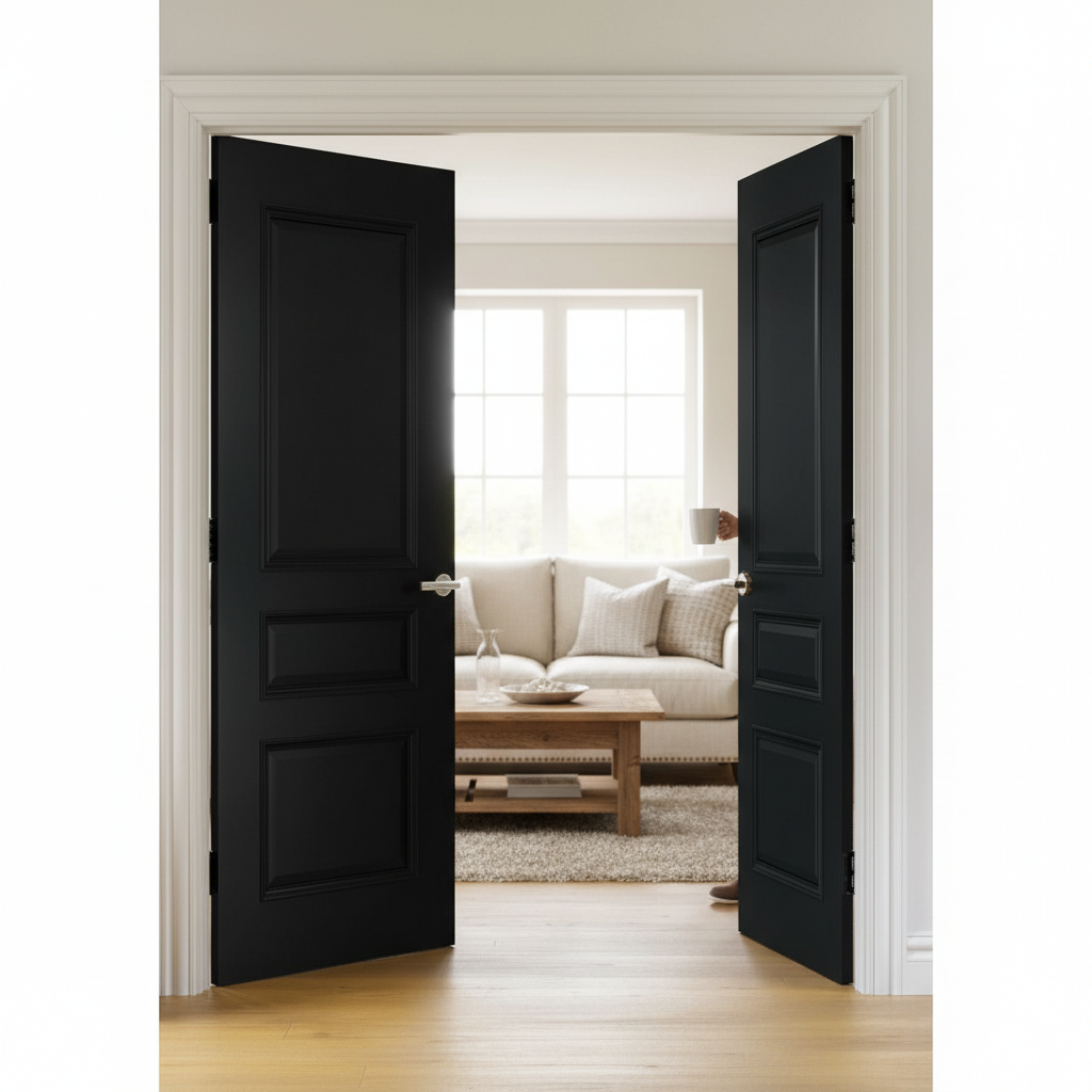 Premium 3 Panel Black Internal Door Pair - Fully Finished with Solid Core and Distinctive Moulding for Added Elegance