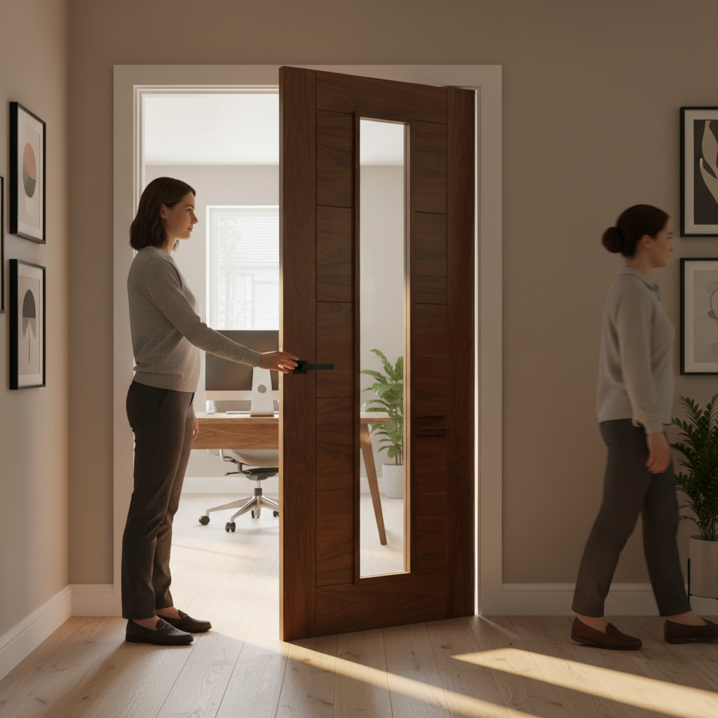 Premium Walnut Glazed Internal Door with Toughened Glass and Solid Core Design - High-Quality Professional Grade for Industrial and Commercial Appl...