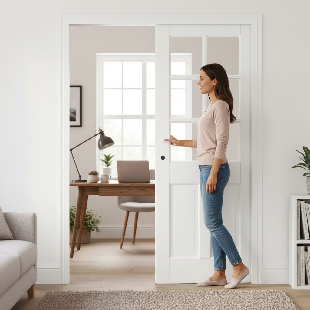 Premium Solid White Double Pocket Door Set with Galvanised Steel Frame and Clear Glazed Panels