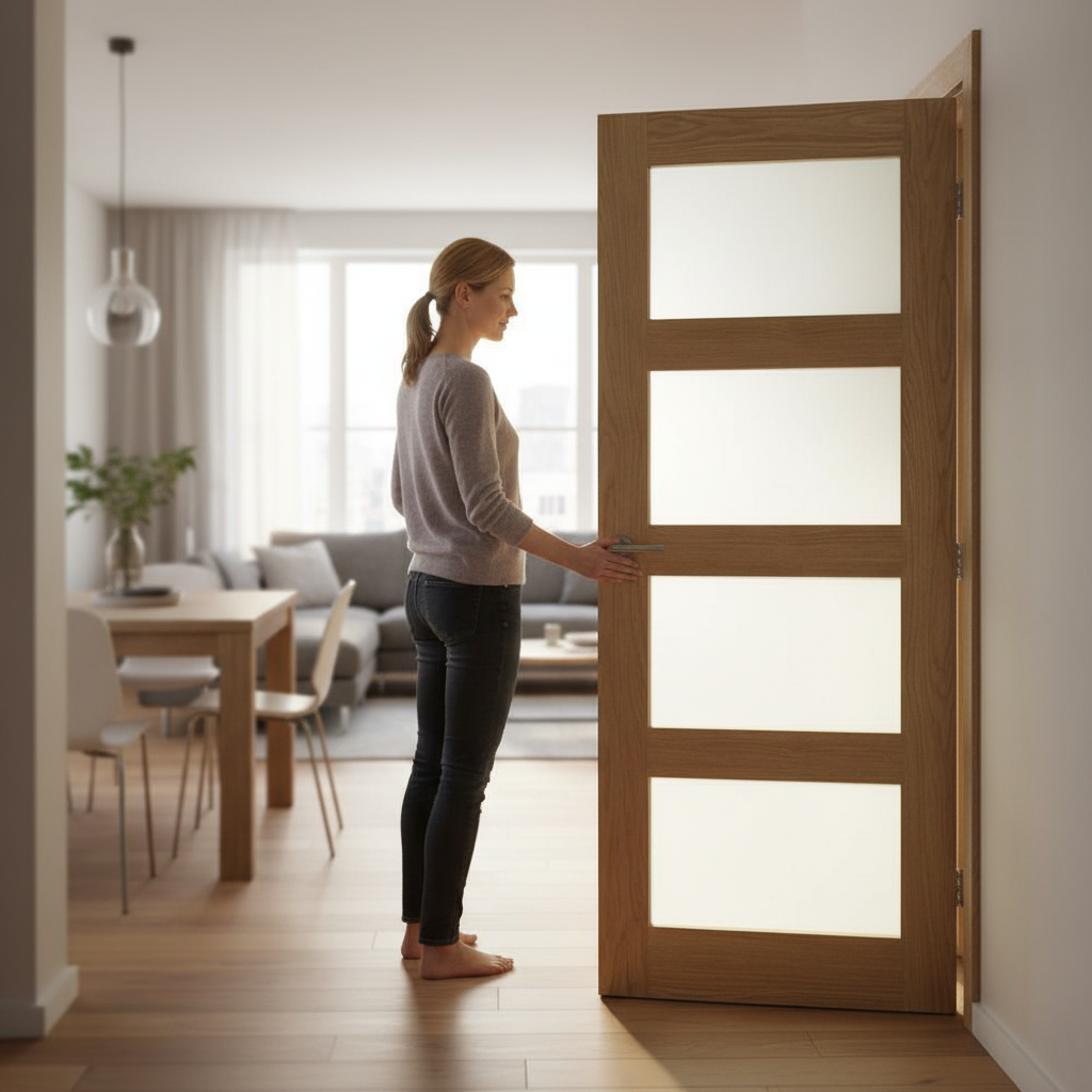 Premium Obscure Glazed Internal Oak Door with Solid Core and Toughened Glass for Enhanced Privacy