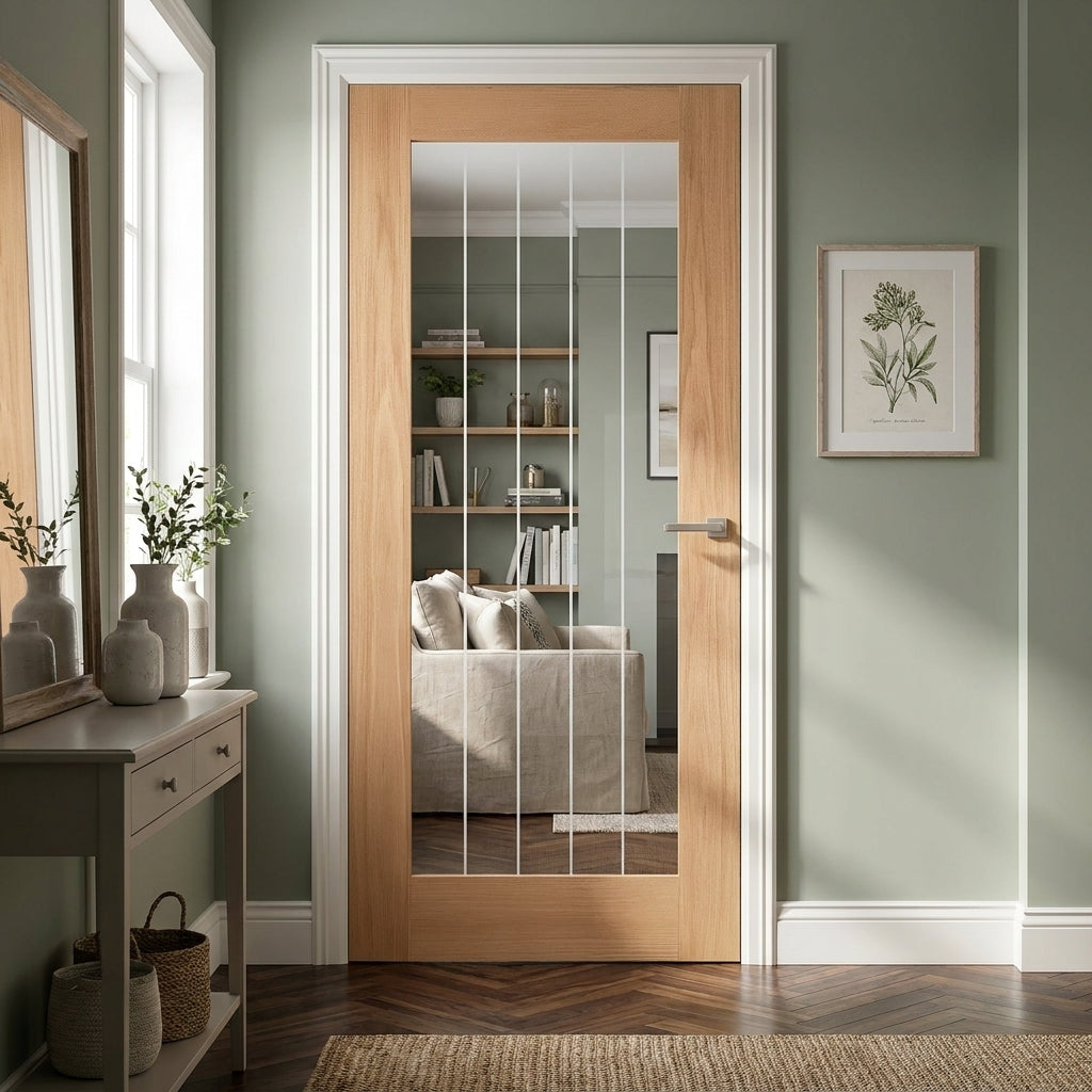 Internal Oak Door, Fully Finished, 1 Light Obscure Lined Clear Glass
