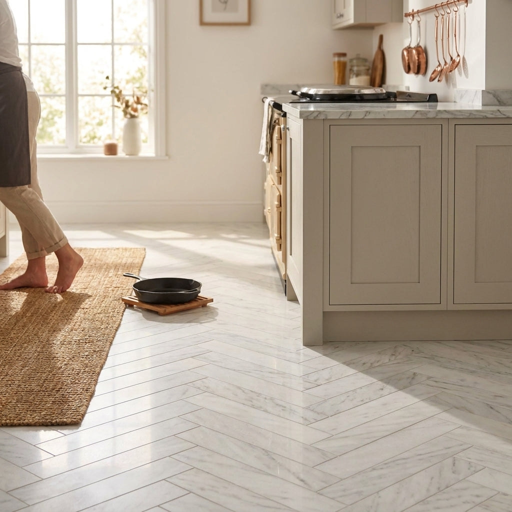 6mm High Gloss White Herringbone LVT Flooring - Waterproof Vinyl - detail view