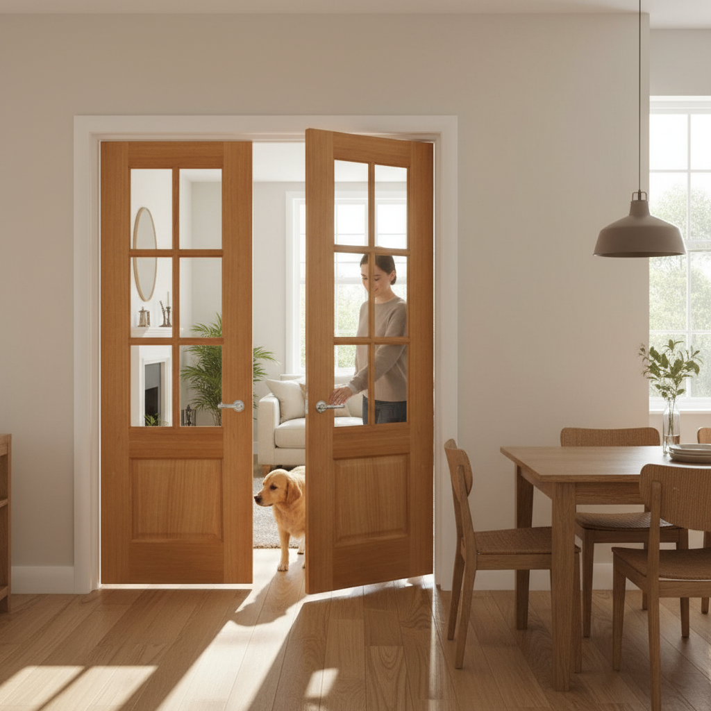 Premium Oak Internal French Doors with Clear Safety Glass and Engineered Construction for Strength and Stability