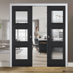 Premium Clear Glazed Double Pocket Door Set with Three Panels and Galvanized Steel Frame for Modern Interiors
