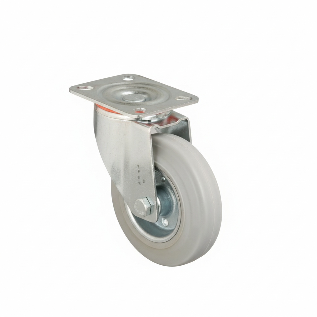 White Smoke Pressed Steel Castor with Grey Non-Marking Rubber Wheel - Heavy Duty Top Plate | Floor Safe