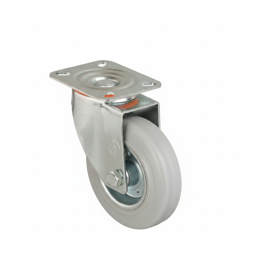 White Smoke Pressed Steel Castor with Grey Non-Marking Rubber Wheel - Heavy Duty Top Plate | Floor Safe