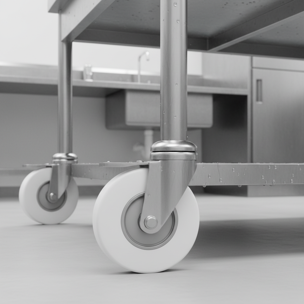 White nylon castor on stainless steel catering equipment